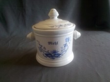 BSW Keramik Deckeldose für Mehl Dose mit Deckel weiß / blau Vintage H 16 cm