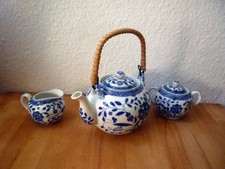 blau weiße Asia Teekanne - Tee Kanne / Porzellan - inkl. Milch- und Zuckertopf