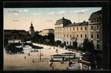 Darmstadt, Museum, Schloß und Theater mit Strassenbahn, Ansichtskarte 