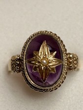 Antiker Ring Viktorianisch 9KT Gold Amethyst & Saatperle Cabochon Schliff Damen