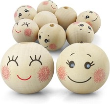 8x Holz-Kugeln mit Gesicht smiling face 30 mm Natur runde Bastel-Perlen mit Loch
