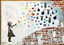 Original Gemälde Wandbild nach Banksy "Girl with hearts" Street Art signiert