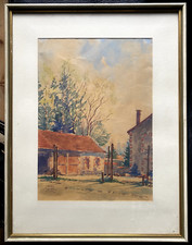 :AQUARELL UM 1930 GEORG MAIER ULM INNENHOF FABRIK STALL WÄSCHELEINE ANTIK RAHMEN