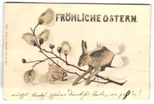 Trockenblumen-AK Ostergrußkarte, Osterhase springt über einen Zweig echter Weid 