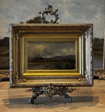 Antikes Ölgemälde aus dem frühen 20. Jahrhundert "Figuren ernten unter wechselndem Himmel"