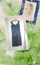 Antik Vintage Art Deco 20er Jahre blau Seide Drop Waist Flapper Kleid 8/10 UK
