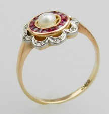 Jugendstil 585er Gold Ring mit Rubine - Perle und Diamanten - R362
