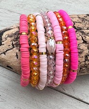 7-teiliges Armband Set Perlenarmband Hippie Boho Glas Heishi pink rosa 19cm NEU