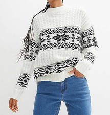 Lockerer Pullover mit Norwegermuster Gr. 36/38 Weiß Schwarz Damen-Pulli Neu