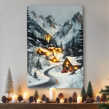 Winter Dorf Wand Bild beleuchtet - 58 x 38 cm - Motiv Leinwand Weihnachten Deko
