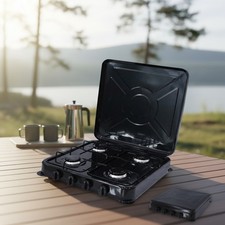 Gaskocher mit Deckel 4 flammig Kochfeld Camping Herd Outdoor Schwarz Metall