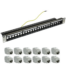 19" Patchpanel 1HE Patchfeld 24-Port mit 12x Cat.6A Keystone Buchse geschirmt