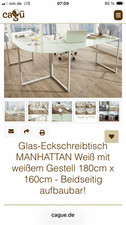 Glas-Eckschreibtisch MANHATTAN Weiß mit weißem Gestell, 1,80 x 1,60
