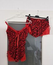 KURZER DAMEN ZWEITEILER PYJAMA SCHLAFANZUG SET ROT FLORALER PRINT DESSOUS REIZWÄ