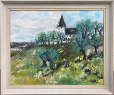 Großes Ölbild Gemälde 1990 Keller signiert Landschaft mit Kirche 98 x 118 cm