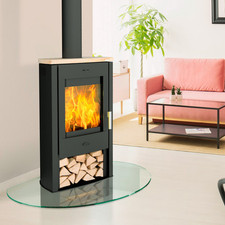 Fireplace Tuvalu Kaminofen Stahl Schwarz Topplatte Sandstein 6 kW Holzfach
