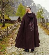 6786 MITTELALTERUMHANG WOLLE runde Kapuze WARM Umhang Mittelalter WOLFSSTICKEREI