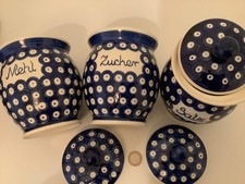 Bunzlauer hand made, 3 x Vorratstopf Zucker Mehl Salz, blau-weiß Punkte, Dosen