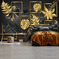 Vlies Fototapete Blätter Gold MODERN TAPETE XXL Pflanzen Laub Wohnzimmer 813