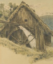 C. RIEDEN (*1802), Alte Mühle mit Wasserrad,  1858, Bleistift Romantik 1850-1899