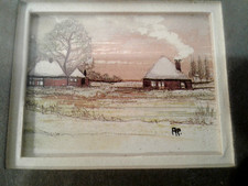 Unikat Kunst,Malerei m.Monogramm.,Miniatur,Aquarell Gemälde,Winter-Landschaft