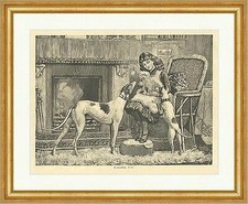 Der neue Liebling Hunde Kamin Korbsessel Kinder Mädchen Tiere Holzstich E 7040