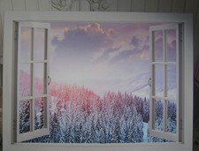 Großes Leinwandbild Winterbild Bild LW Holz Winter Blick mit Fenster Schnee Wald