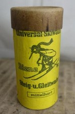 alte Pappschachtel Universal Skiwachs vom Hersteller der Parkett Biene Fuchs