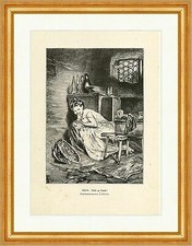 Nicht zu Hause J. Herterich Verstecken Fenster Waschtrog Korb Holzstich A 0600