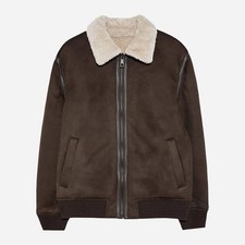 Zara Shearling Jacke Aviator Pilotenjacke Braun Gr. L Kunstleder Winter