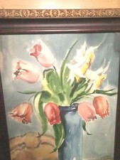 Großes Aquarell Gemälde Stillleben Rosenstrauß Vase Signiert In Glass Holzrahmen