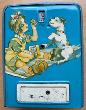 Alte Geobra Blech Spardose mit Zählmechanik, Mädchen, Hund, Schaukelpferd, 50er