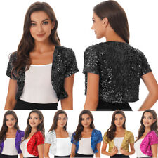 DE Damen Pailletten Jacke Bolero Festlich Kurzarm Open Front Cardigan Top