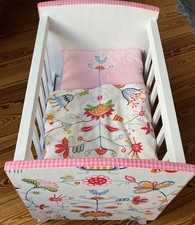 PUPPENBETT - Vintage handgemacht - Massivholz - weiß - mit Bettzeug - UNIKAT