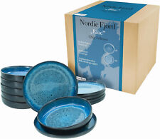 Nordic Fjord 12tlg Blau Geschirr Teller Set Steinzeug Reaktivglasur CreaTable