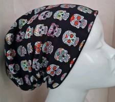 BEANIE MÜTZE Longbeanie  Chemo Weich 2 In 1, Grau Bunte Totenköpfe,  Schwarz Uni