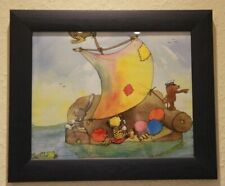 gerahmtes Kalenderblatt "Sofa mit Segel" von Janosch blauer Holz Glas Rahmen