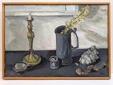 Ölgemälde MONOGRAMMIERT IHD datiert 1976 Stillleben KERZE Zweig KRUG Mid Century
