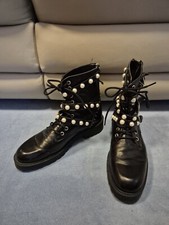 *Gebraucht sehr gut* Zara Leder Perlen-Biker Boots 38