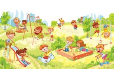 Unterhaltungskomplex für Kinder mit Schaukel, Sandkasten, Karussell und Rutschen