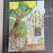 Handgemalt Aquarell Karte Bild A6 Gemälde Alter Tempel Maya Dschungel Ruine