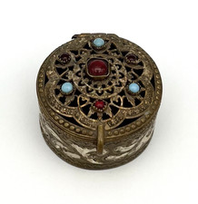 Antike Pillendose Schmuckbox Orient Steine Messing Vintage Schatulle Dose #3651