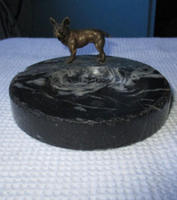 Natursteinschale schwarz-grau mit Bronzehund "Französische Bulldogge"  Vintage
