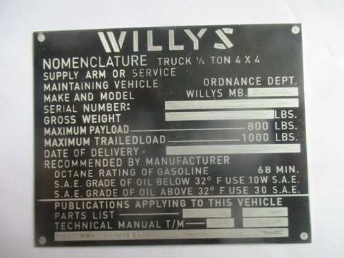 Typenschild willys jeep - willys, mb