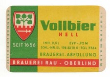 >> Bieretikett beerlabel DDR VEB Brauerei Rau Oberlind Vollbier hell <<