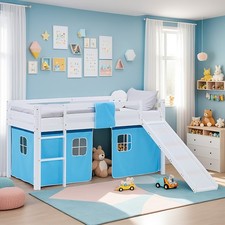 Hochbett 90x200 Kinderbett mit Rutsche Vorhang Blau Holz Massiv Weiß Homestyle4u