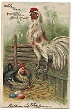  AK Ostern, Prägekarte, stolzer Hahn, Henne, Ostereier, Golddruck