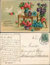 Tauben fliegen zum Gabentisch Glückwunsch/Grußkarten: Geburtstag 1914 Goldrand