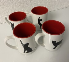 Katzen Kaffeebecher 4-teiliges Set Porzellan Weiß Schwarz Rot Geschenkidee 