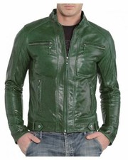 Herren grüne Lederjacke echtes Lammleder Reißverschluss Biker Motorrad schmal...